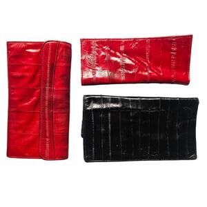 Vintage Genuine Eel Skin Wallet Clutch Lot of 3 Red Black 80s Leather Accessory
